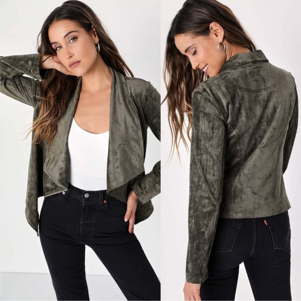 Lulu's Wild At Heart Olive Green Suede Moto Jacket Asymmetrical Zip Up Small - Picture 1 of 9